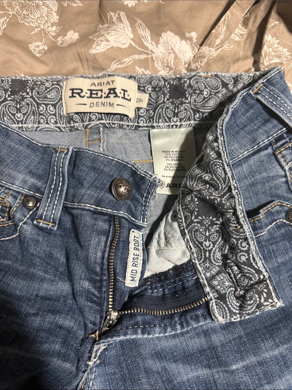 Ariat Blue Mid-Rise Bootcut Jeans with Paisley Trim
